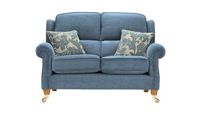 Parker Knoll Henley 2 Seater Sofa in Coniston Blue Fabric with Whitfield Sky Scatters and Teak Legs